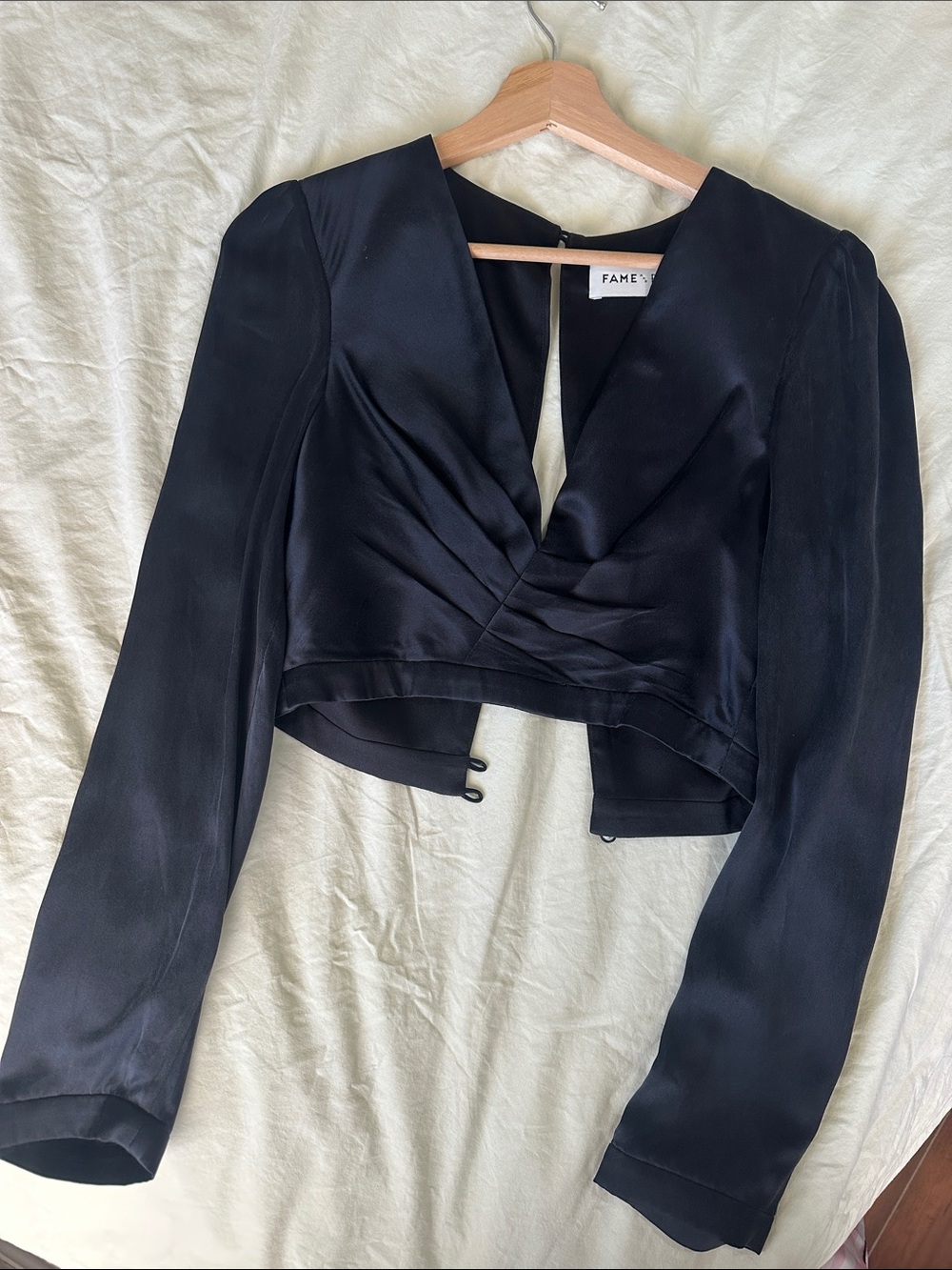 Black Long-Sleeve Cropped V-Neck Wrap Top